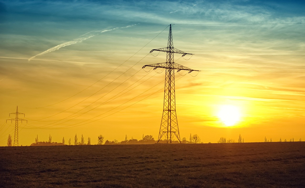 power lines, fields, nature, sunset, twilight, sun, current, sky, evening sky, power supply, electricity, dusk, rural, countryside, landscape